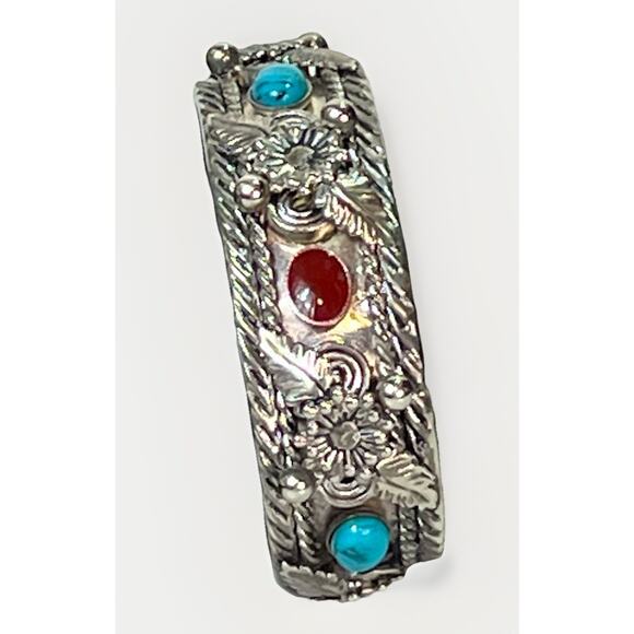 Vintage Navajo Mixed Metal Cuff Bracelet Turquoise Coral Inlay 46.3g HEAVY- 8.5” - Picture 7 of 12